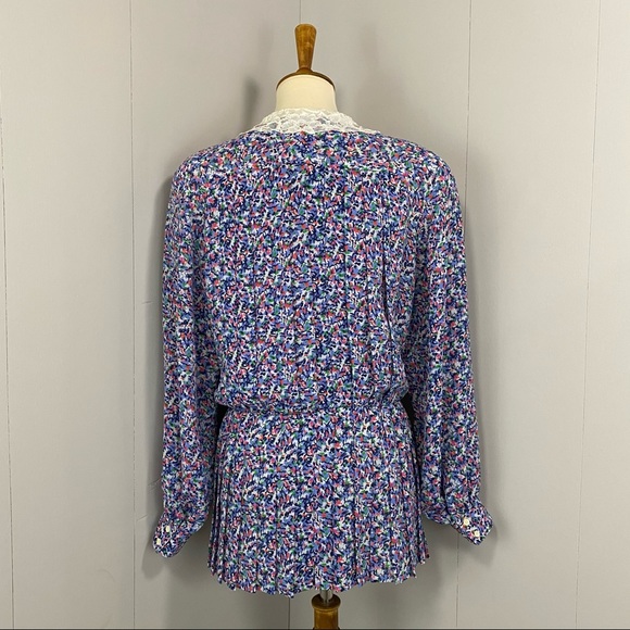 Vintage 80’s Blue Multi-Print Pleated Peplum Button-Up Blouse with Lace Collar - Picture 3 of 13